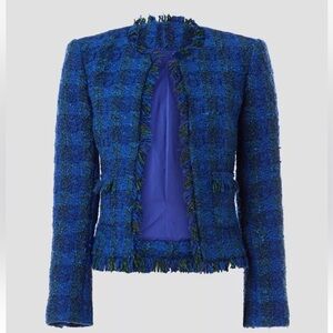L’ Agence  ANGELINA  Blue Green Plaid Crop BLAZER Frayed Trim Tweed 4